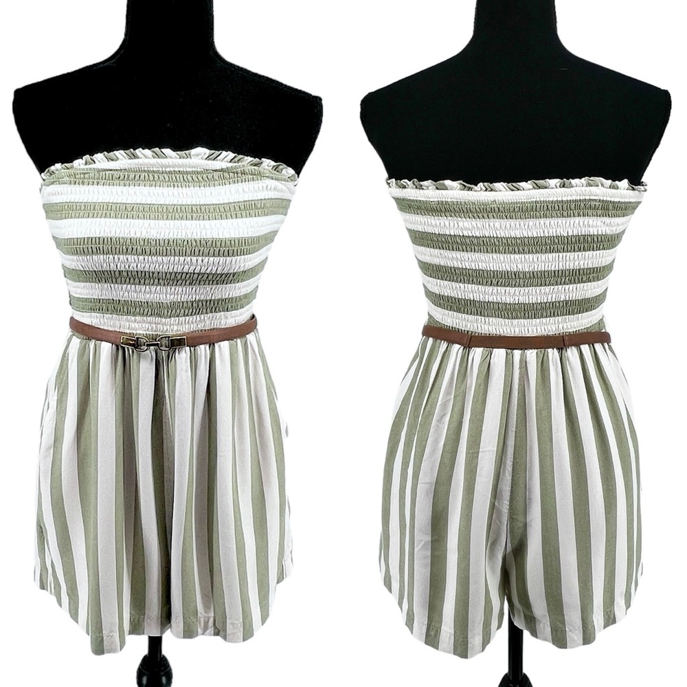 American Eagle Smocked Tube Romper Size Small Light Green White Striped Pockets